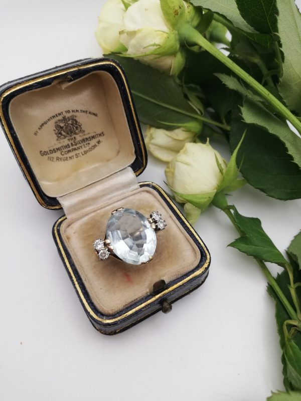 Antique English 8ct aquamarine, diamonds and gold ring-a beautiful bonbon of a ring!
