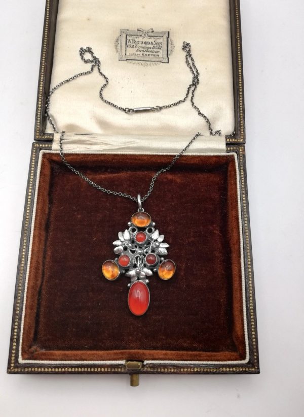 Antique English hand crafted Arts and Crafts necklace with citrines and carnelians