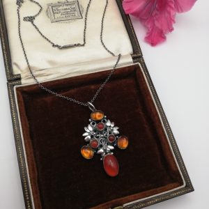 Antique English hand crafted Arts and Crafts necklace with citrines and carnelians