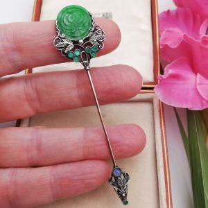 Fabulous Bernard Instone work of art sureté pin with carved jadeite jade panel, chrysoprase and chalcedony