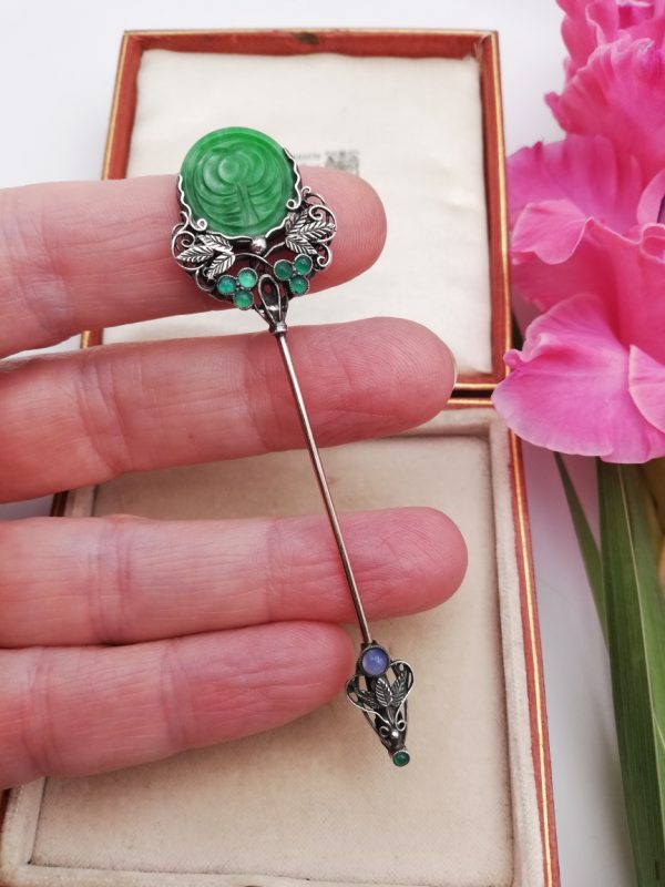 Fabulous Bernard Instone work of art sureté pin with carved jadeite jade panel, chrysoprase and chalcedony