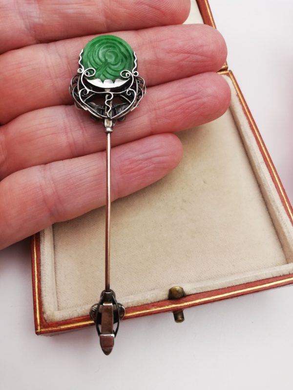 Fabulous Bernard Instone work of art sureté pin with carved jadeite jade panel, chrysoprase and chalcedony