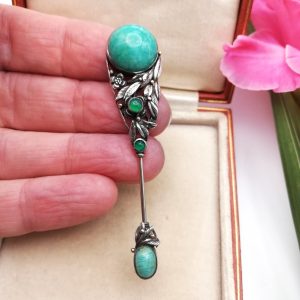 Rare c1930 Bernard Instone sureté pin with amazonite and chrysoprase and gold detailing