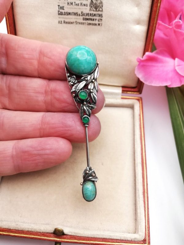 Rare c1930 Bernard Instone sureté pin with amazonite and chrysoprase and gold detailing