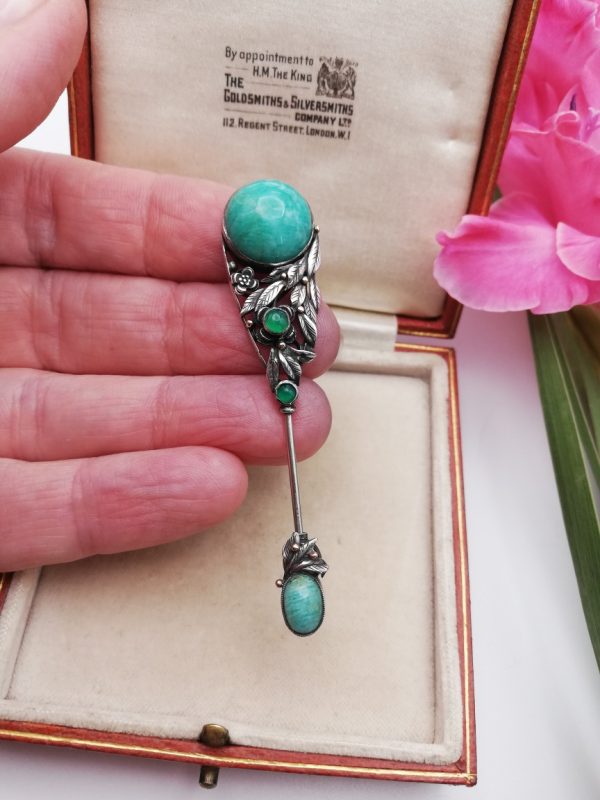 Rare c1930 Bernard Instone sureté pin with amazonite and chrysoprase and gold detailing
