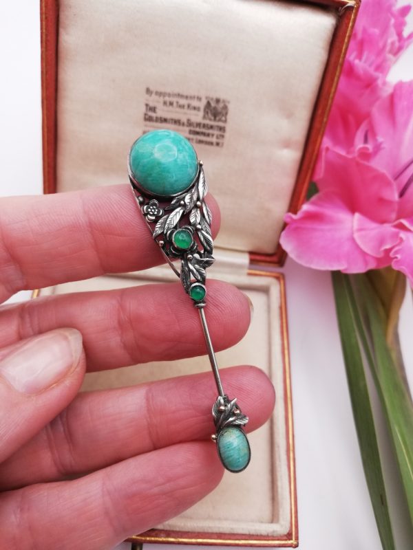 Rare c1930 Bernard Instone sureté pin with amazonite and chrysoprase and gold detailing