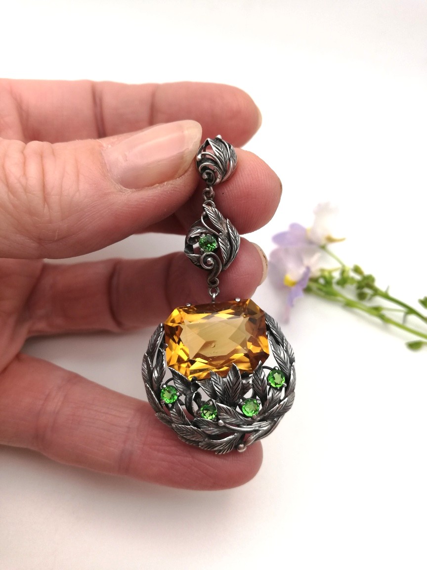 Glorious Bernard Instone c1930 Arts and Crafts pendant with citrine and demantoid garnets