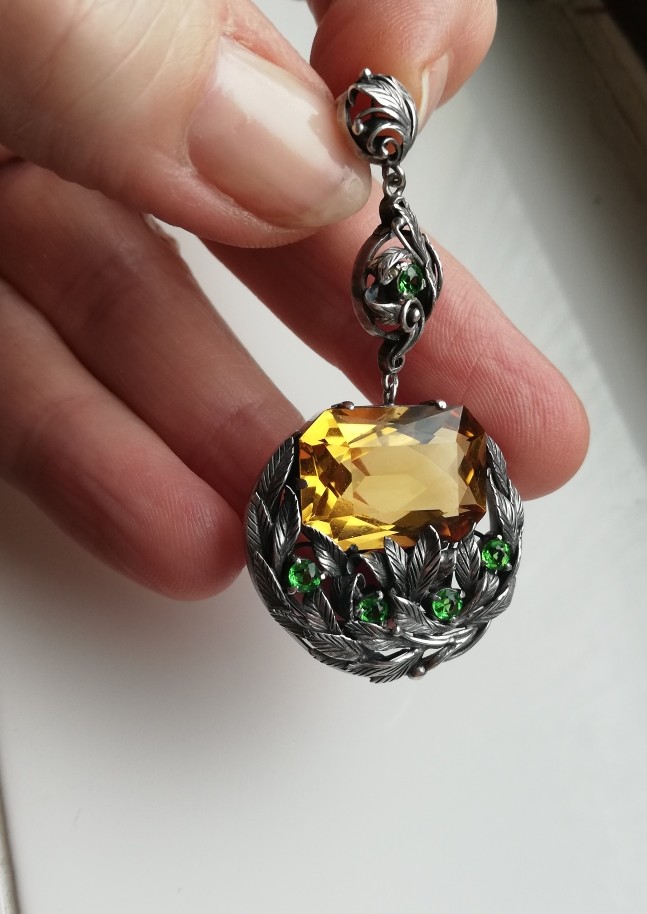 Glorious Bernard Instone c1930 Arts and Crafts pendant with citrine and demantoid garnets