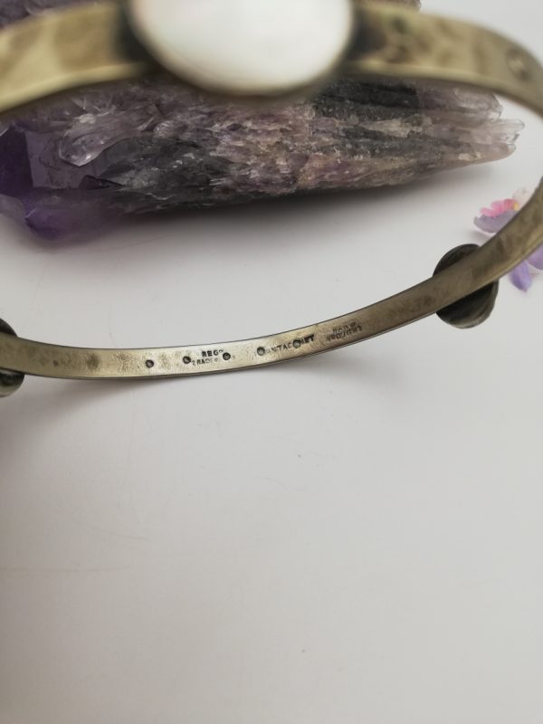 Antique Liberty & Co c1900 Arts and Crafts Plantagenet Medieval bangle in hammered pewter and mother of pearl