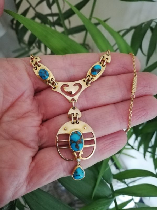 Superb Murrle Bennett 15ct gold turquoise Art Nouveau / Jugendstil necklace with barrel clasp c1905