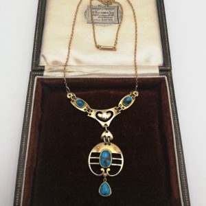 Superb Murrle Bennett 15ct gold turquoise Art Nouveau / Jugendstil necklace with barrel clasp c1905