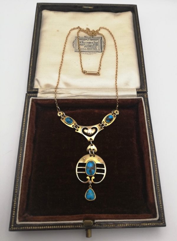 Superb Murrle Bennett 15ct gold turquoise Art Nouveau / Jugendstil necklace with barrel clasp c1905