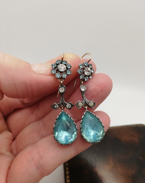 Antique Georgian inspired Edwardian drop earrings in gold and silver with foiled aquamarine pastes