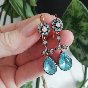 Antique Georgian inspired Edwardian drop earrings in gold and silver with foiled aquamarine pastes