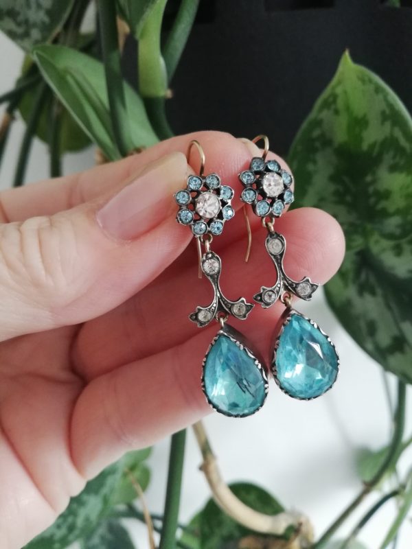 Antique Georgian inspired Edwardian drop earrings in gold and silver with foiled aquamarine pastes