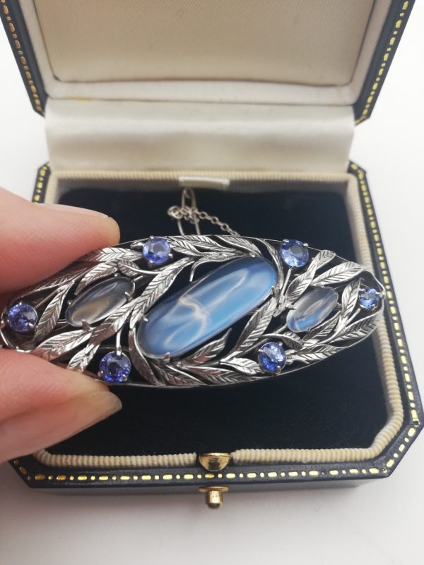 Museum piece Bernard Instone sapphires and blue Ceylon moonstones brooch in pristine condition c1930