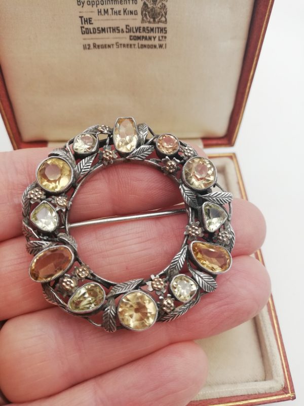 Unique early Bernard Instone Arts and Crafts citrines and peridots brooch, book piece c1925