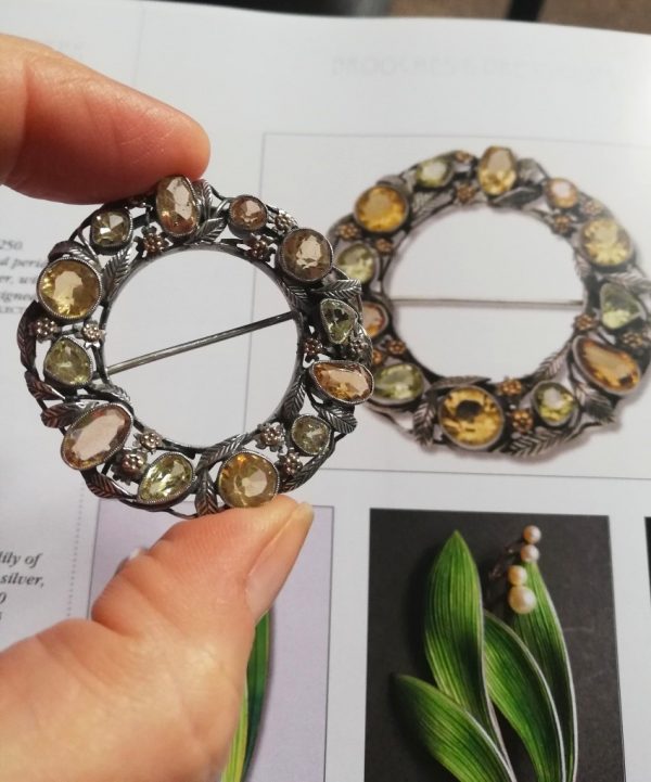 Unique early Bernard Instone Arts and Crafts citrines and peridots brooch, book piece c1925