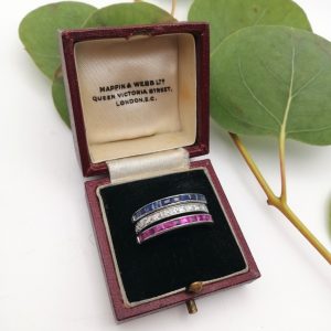 Rarer 1920s platinum Art Deco Night and Day flip ring with diamonds, natural rubies and sapphires - red white and blue together!