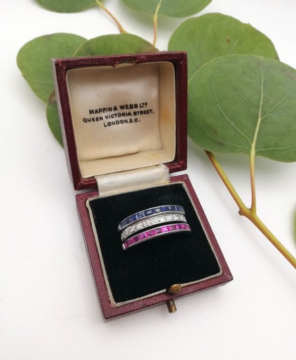 Rarer 1920s platinum Art Deco Night and Day flip ring with diamonds, natural rubies and sapphires - red white and blue together!