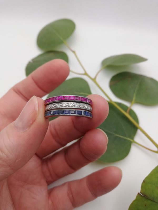 Rarer 1920s platinum Art Deco Night and Day flip ring with diamonds, natural rubies and sapphires - red white and blue together!