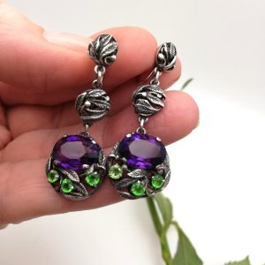 Fabulous Bernard Instone antique Arts and Crafts drop earrings with Siberian amethysts and gold fittings