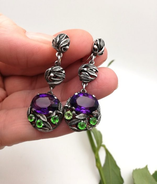 Fabulous Bernard Instone antique Arts and Crafts drop earrings with Siberian amethysts and gold fittings