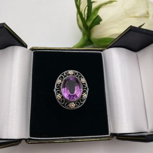 Rare early c1925 Bernard Instone silver and gold Arts and Crafts book piece ring with amethyst