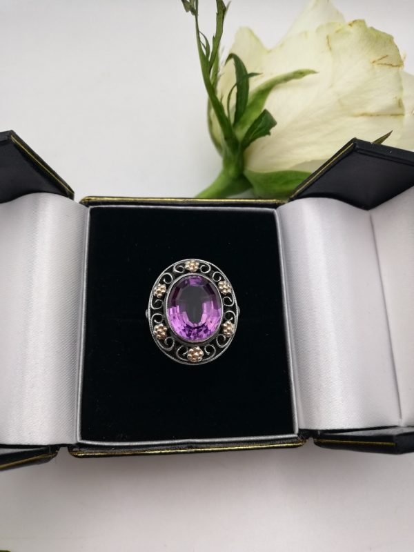 Rare early c1925 Bernard Instone silver and gold Arts and Crafts book piece ring with amethyst