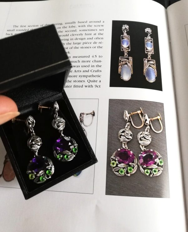 Fabulous Bernard Instone antique Arts and Crafts drop earrings with Siberian amethysts and gold fittings