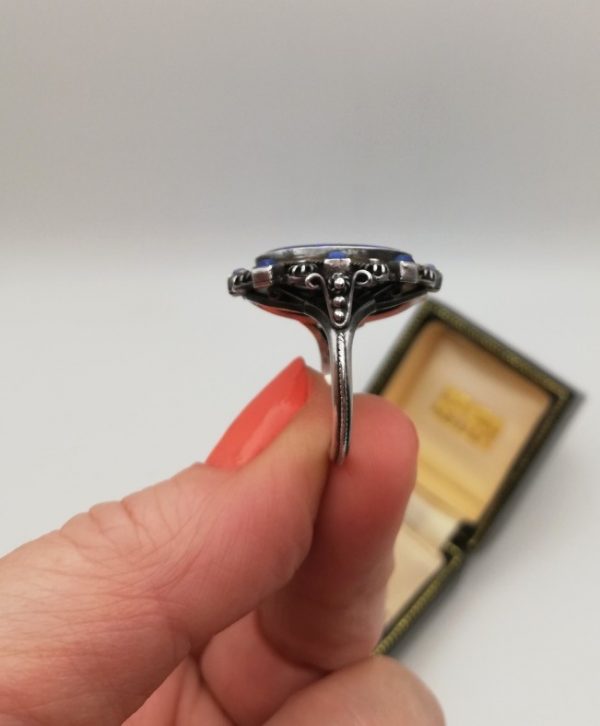 Important Sibyl Dunlop statement black opal Arts and Crafts ring with blue chalcedony c1925