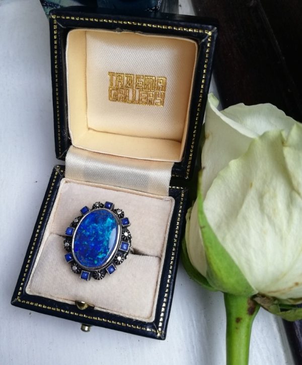 Important Sibyl Dunlop statement black opal Arts and Crafts ring with blue chalcedony c1925