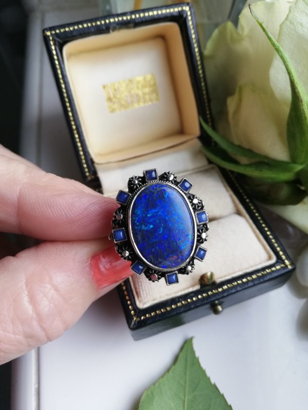 Important Sibyl Dunlop statement black opal Arts and Crafts ring with blue chalcedony c1925