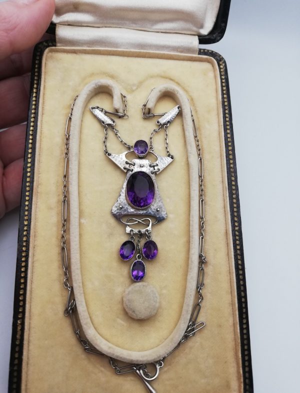 Rare design, beautiful Murrle Bennett c1900 signed Arts and Crafts necklace in hammered silver, gold and Siberian amethysts