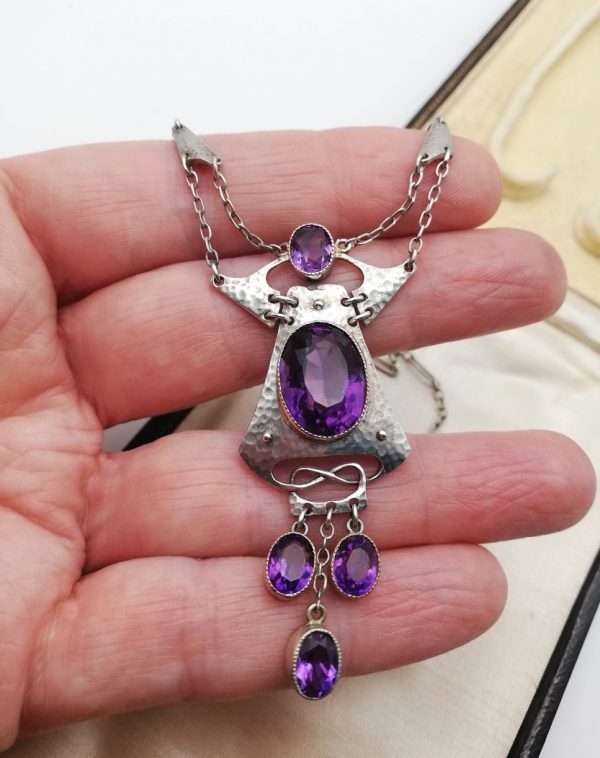 Rare design, beautiful Murrle Bennett c1900 signed Arts and Crafts necklace in hammered silver, gold and Siberian amethysts