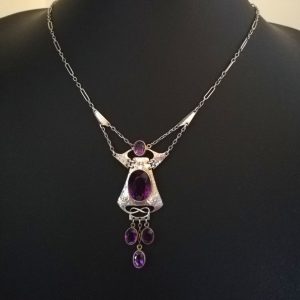 Rare design, beautiful Murrle Bennett c1900 signed Arts and Crafts necklace in hammered silver, gold and Siberian amethysts