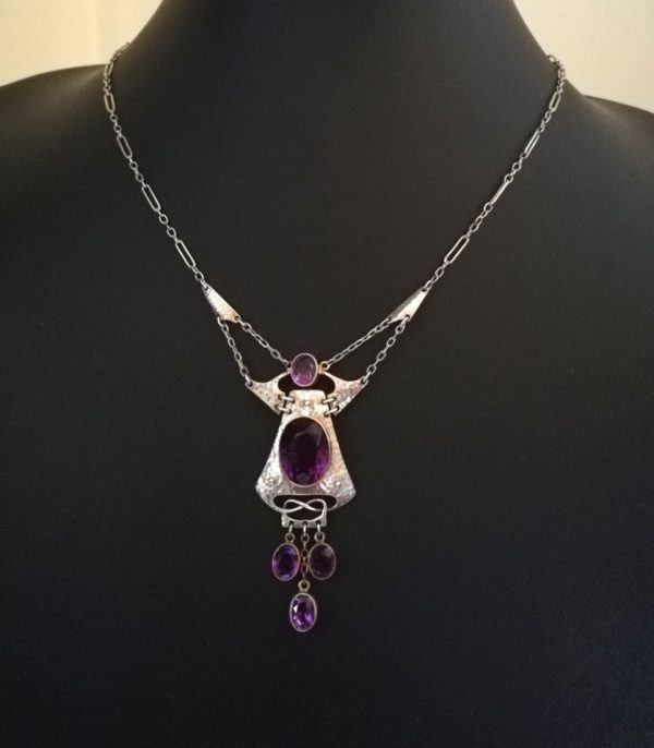 Rare design, beautiful Murrle Bennett c1900 signed Arts and Crafts necklace in hammered silver, gold and Siberian amethysts