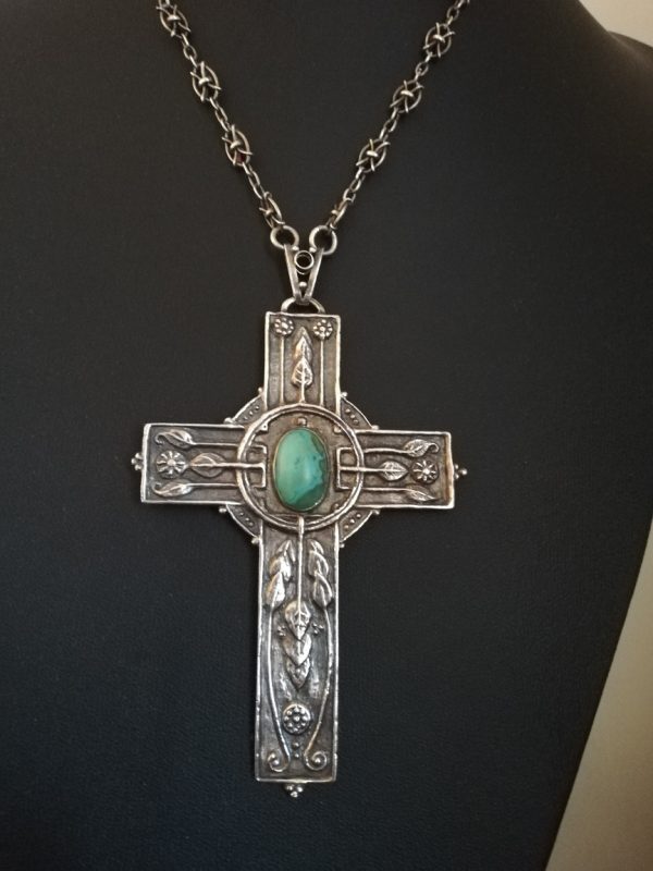 Antique Arts and Crafts statement cross necklace with intricate A&C chain, c1900