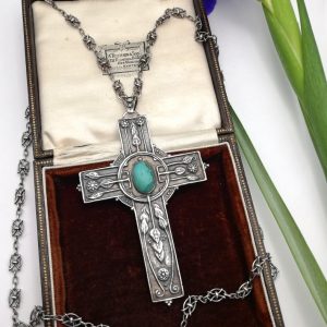 Antique Arts and Crafts statement cross necklace with intricate A&C chain, c1900