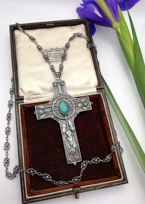 Antique Arts and Crafts statement cross necklace with intricate A&C chain, c1900