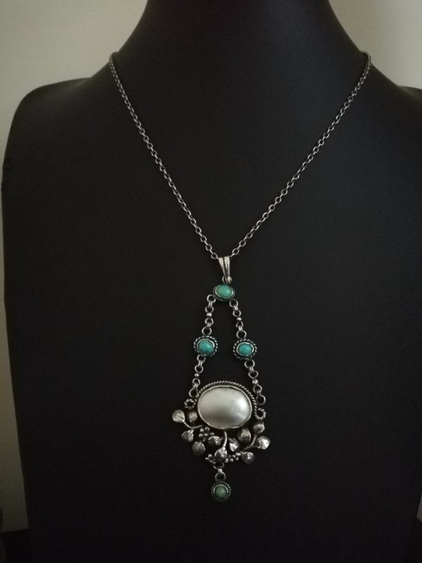 Antique hand crafted Arts and Crafts leaves and berries necklace with MOP and turquoise