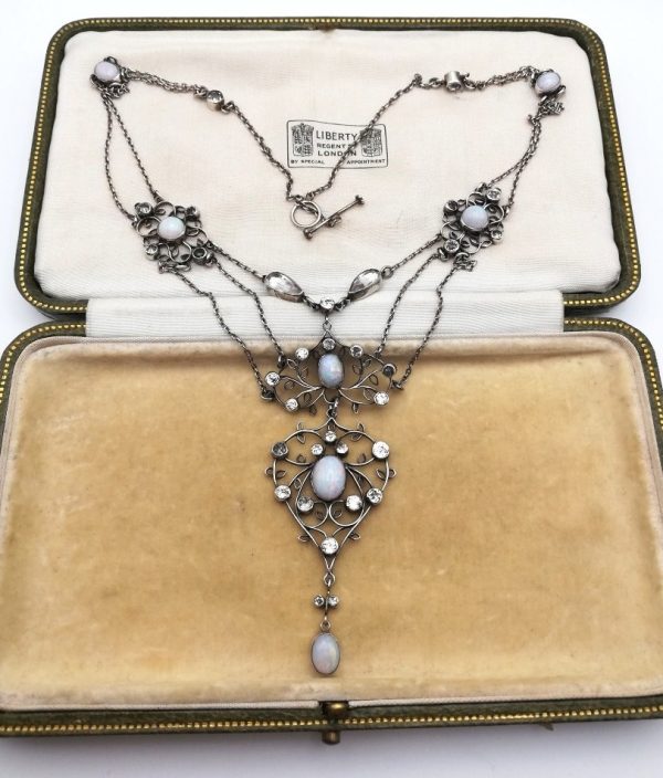 Museum piece Arthur and Georgie Gaskin Arts and Crafts festoon necklace with opals and rock crystal c1905
