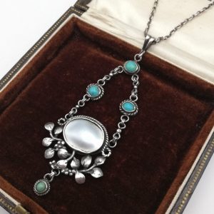 Antique hand crafted Arts and Crafts leaves and berries necklace with MOP and turquoise