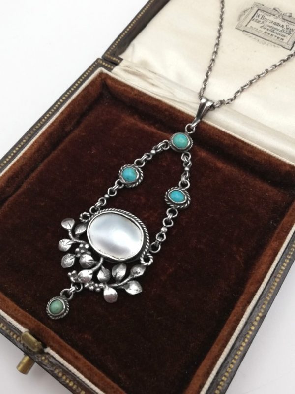 Antique hand crafted Arts and Crafts leaves and berries necklace with MOP and turquoise