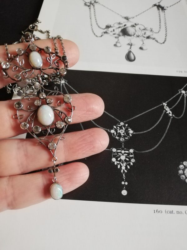 Museum piece Arthur and Georgie Gaskin Arts and Crafts festoon necklace with opals and rock crystal c1905