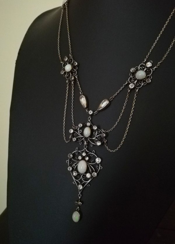 Museum piece Arthur and Georgie Gaskin Arts and Crafts festoon necklace with opals and rock crystal c1905