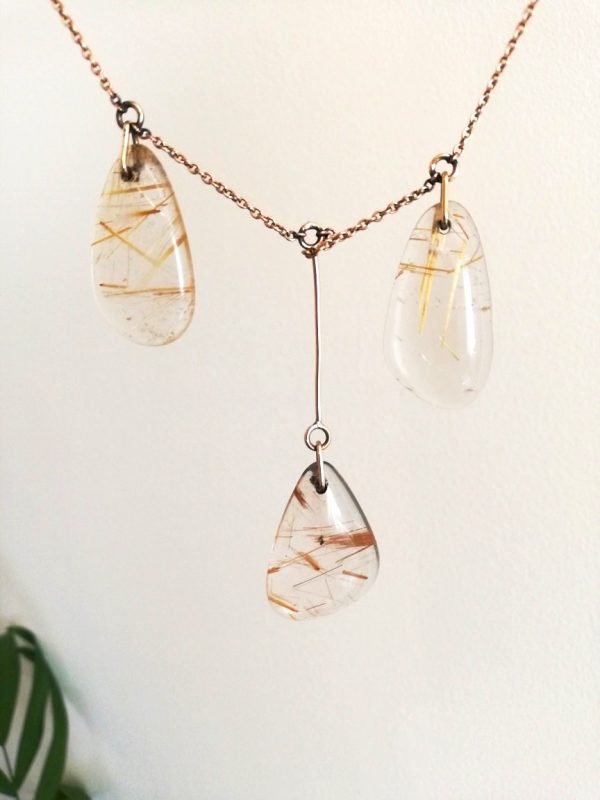 Antique 9ct gold and Venus Hair rutilated quartz trilogy lavalier necklace c1920s