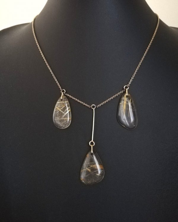 Antique 9ct gold and Venus Hair rutilated quartz trilogy lavalier necklace c1920s