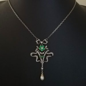 c1910 Belle Epoque antique European silver and paste bow flower necklace with barrel fastener