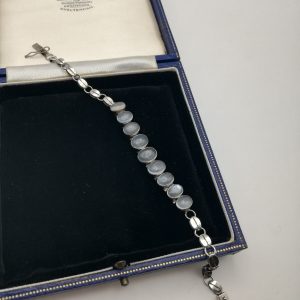 Art Deco c1930s silver and moonstones bracelet with coffee bean links and original box fastener